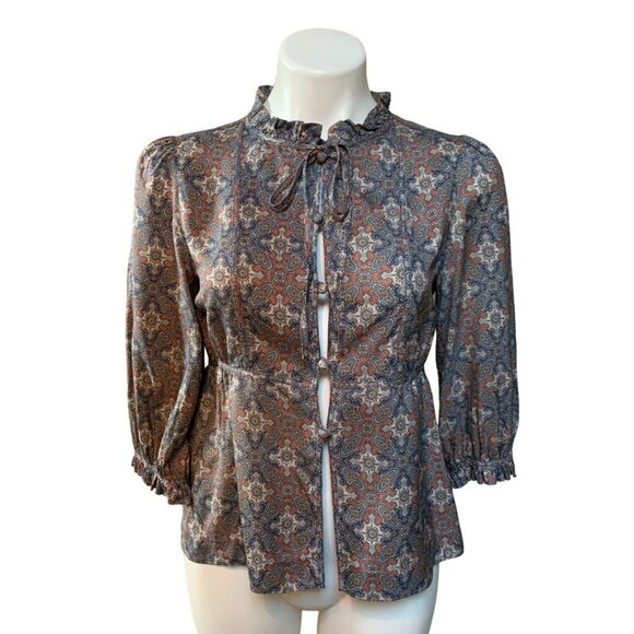 Marc Jacobs Retro 70s Silk Scarf Print Blouse Shirt Peplum Waist Size 4 Blue Red - Picture 1 of 7